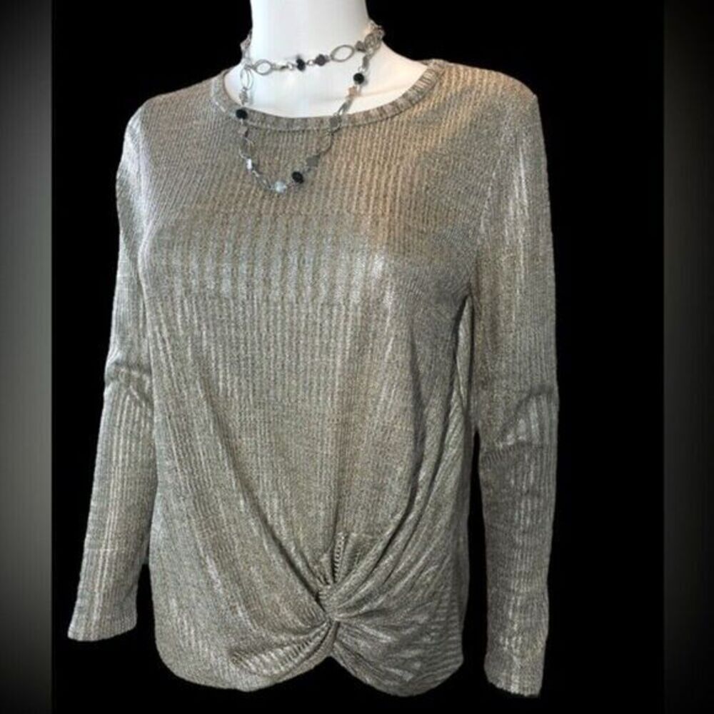 Kim & Cami Silver Metallic Twist Front Ribbed Shimmer Top Size S